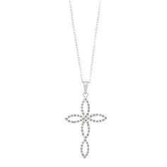 Adorned with Diamond Mystique stones, a dazzling combination of diamonds and crystallized diamond dust, this cross pendant is a lovely symbol of your faith. PENDANT DETAILS Pendant size: 1 1/2"L x 7/8"W Chain length: 18 in. Chain type: rolo Clasp: spring ring Metal: sterling silver Plating: platinum Packaging: boxed DIAMOND MYSTIQUE DETAILS Diamond equivalent total weight: less than 1/10 ct. Shape: round Color grade: H-I Clarity: I3 Gemstones may have been treated to enhance their appearance. Sp Silver Crystal Cross Pendant Necklace, Diamond White Crystal Cross Necklace, Cross-shaped Diamond Jewelry With Rhinestones, Diamond Cross Jewelry With Rhinestones, Crystal Jewelry With Diamond Accents, Cross Pendant, Crystal Cross Pendant With Rhinestones, Crystal Cross Pendant Jewelry With Rhinestones, Crystal Cross Jewelry With Rhinestones, Crystal Rhinestone Cross Pendant Jewelry