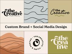 four different logos with the words, custom brand and social media design on each one