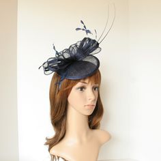 ✿*.Key Features.*✿ This is a unique British thing style fascinator. It is made of Sinamay, diamond shape feathers, quills and headband that might conceivably strike your fancy flaunting and bobbing on your head when you takes a notion to go to a special occasion. Whether you're conservative or even a little garish, it is the most fun accessory you will ever wear to a wedding, an afternoon garden party or the horse races.  Base size: 6 5/8" (17cm)   If you want other colors in this style, just se Elegant Blue Fascinator For Formal Occasions, Elegant Royal Blue Fascinator For Races, Elegant Blue Headpiece For Kentucky Derby, Elegant Blue Fascinator For Evening, Elegant Blue Evening Fascinator, Elegant Blue Headpiece For Royal Ascot, Elegant Blue Headpiece For Events, Blue Party Headpiece With Pinched Crown, Blue Formal Hair Accessories For Kentucky Derby