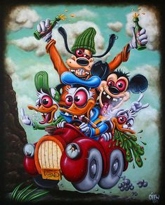 a painting of cartoon characters riding on top of a car