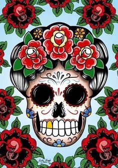 a painting of a skull with flowers on it's head in blue and red colors