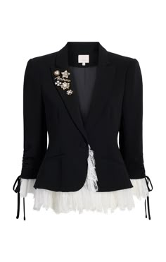 The Le Petit Roxie Blazer is perfect for adding a bold, stylish statement to any ensemble. This blazer features drapey crepe fabric, a petite silhouette, pre-styled sleeves, a cropped waistline, and a unique lace hemline for a look that's sure to get noticed. Step out in confidence and make a statement with this amazin Petite Silhouette, Embellished Blazer, Petite Blazer, Beautiful Features, Denim Chic, Lace Inset, Parisian Chic, Crepe Fabric