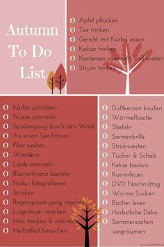 the autumn to do list is shown in two different colors and sizes, with trees on each