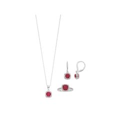 Adorned with lab-created ruby center stones and lab-created white sapphire accents, this halo necklace, drop earring and ring set provides elegant allure. SET DETAILS Includes: pendant necklace, pair of earrings & ring Pendant length: 0.34 in. Chain length: 18 in. Chain type: rolo Clasp: spring-ring Earring length: 0.34 in. Closures: leverback Ring width: 0.39 in. Metal: sterling silver Plating: rhodium Packaging: boxed STONE DETAILS Stone type: lab-created ruby, lab-created white sapphire Total Elegant Ruby Jewelry With Halo Setting, Elegant Ruby Halo Jewelry, Formal Halo Jewelry With Lab-created Ruby, Halo Ruby Jewelry, Elegant Halo Lab-created Ruby Jewelry, Ruby Halo Jewelry In White Gold, Fine Jewelry With Brilliant Cut Lab-created Ruby, White Gold Ruby Jewelry With Halo, White Gold Ruby Halo Jewelry