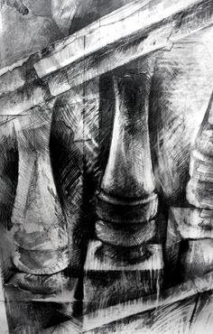 a black and white drawing of vases on a shelf