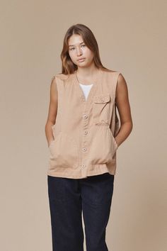 Whether hiking misty mountains or fly fishing in your mind, this vest of many pockets makes every day feel like an adventure. Built from soft and durable hemp twill, throw it over a slim-fit tank or wear on its own for a statement look. Pairs well with slouchy bottoms and an open mind. Enzyme Cleaner, Misty Mountains, Hemp Clothing, Woman Vest, Garment Manufacturing, Hemp Fabric, Outdoor Enthusiast, Outerwear Vest, Ruched Dress