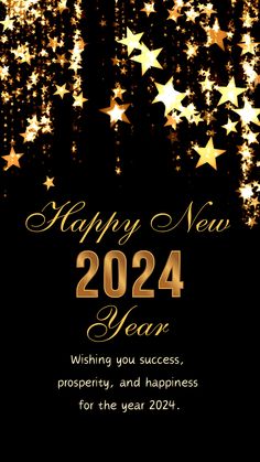 a happy new year card with gold stars and sparkles in the background, on a black background