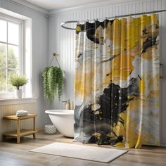 a bath room with a tub and a shower curtain