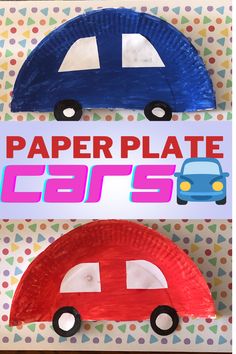 two paper plates with cars on them, one is blue and the other is red