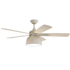 a white ceiling fan with a light on it's side and two blades in the middle