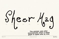 the words sheer mag are written in cursive black ink on a white background