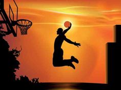 a man jumping up into the air with a basketball in his hand and an orange sky behind him