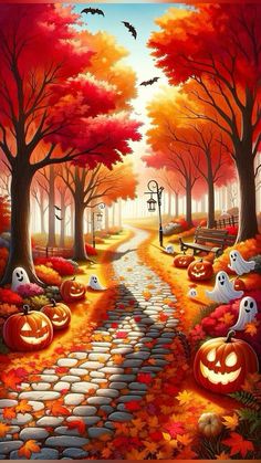 a painting of pumpkins and jack - o'- lanterns in the fall forest