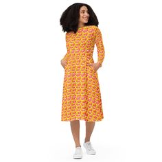 Introducing our All-Over-Print Women's Midi Dress, a fusion of style, comfort, and versatility! 🌟 * 🎨 **300+ Unique Designs Vibrant prints that never fade. * 🌺 **Luxurious Fabric 95% polyester, 5% elastane for a soft, flowy feel. * 👗 **Flattering Fit Fitted waist and flared bottom for a beautiful silhouette. * 🧥 **Long Sleeves Perfect for any season. * 👛 **Pockets Convenient side pockets for essentials. * 👠 **Versatile Ideal for evening parties, date nights, office wear, and casual outing Love Butterfly, Cute Dresses For Party, Belle Silhouette, Patterned Midi Dress, Beach Parties, Long Sleeve Casual Dress, Long Sleeve Midi, Printed Midi Dress, Long Sleeve Midi Dress