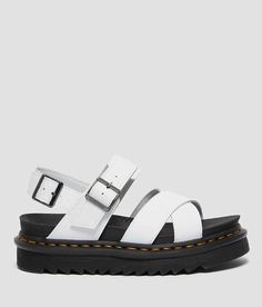 Dr. Martens Voss II Hdyro Leather Flatform Sandal - White US 8, Women's White Hydro PU-coated leather strappy sandal Double adjustable ankle straps Color pop stitch ripple tread sole Goodyear welt SoftWair™ cushioned footbed 1 7/8 heel with a 1 1/2 platform. Due to the nature of leather/suede, small variances of color in the skin may occur, this is in no way considered a defect. These are inherent characteristics of leather/suede and will enhance the individual look of your garment.. PU Coated L Leather Platform Strappy Sandals, Leather Strappy Platform Sandals, Strapped Leather Platform Sandals, White Leather Platform Footbed Sandals, White Leather Double Strap Sandals, Double Strap Leather Sandals, White Sport Sandals With Leather Footbed, Leather Slingback Sport Sandals With Strap, Leather Strapped Sandals With Buckle Closure