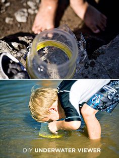 two pictures one with a boy playing in the water and another with an empty bottle