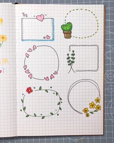 an open notebook with doodles and flowers on the page next to a planter