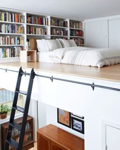 there is a ladder that goes up to the bed in this room with bookshelves