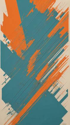 an abstract painting with orange and blue lines on it's sides, in shades of teal