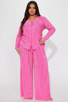 Available In Black, Champagne, And Pink. 2 Piece Plisse Pant Set Collar Long Sleeve Button Down Front Wide Leg Pant Elastic Waist Stretch 31.5" Inseam 100% Polyester Imported | If It Plisse You Pant Set in Pink size Medium by Fashion Nova Wide Leg Pant, Pant Set, Pink Fashion, Matching Sets, Fashion Nova, Elastic Waist, Champagne, Wide Leg, Two Piece