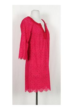 Slip into this romantic lace dress that can be worn to Sunday brunch. Its beautiful color pairs well with gold-tone accessories. Size 2 71% nylon, 29% cotton Made in U.S.A Slips on Lined Floral eyelet lace fabric 3/4 sleeves Fringe on neckline Above knee Tiny stain on interior lining - neckline Bust 35" Waist 35" Shoulder to hem 34" Spring Beach Dress With Scalloped Lace, Bohemian Scalloped Lace Dress For Spring, Spring Beach Lace Dress With Scalloped Lace, Spring Brunch Dress With Crochet Trim, Spring Brunch Dresses With Crochet Lace, Feminine Crochet Lace Summer Dress, Scalloped Lace Dress For Daywear, Summer Daywear Scallop Lace Dress, Summer Daywear Scalloped Lace Dress