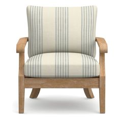 an upholstered chair with blue and white stripes on the back, sitting in front of a white background