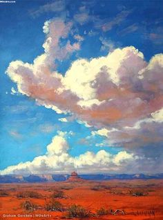 an oil painting of clouds in the sky over a desert landscape with red dirt and grass