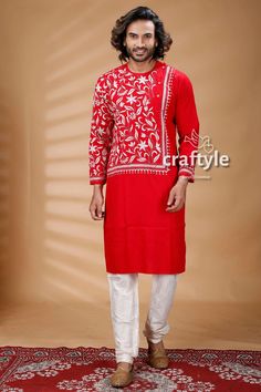 Presenting an exclusive Men's Kurta with hand embroidered kantha work. The unique multi-thread kantha embroidery design is entirely handcrafted on pure cotton panjabi by our skilled artisans. This beautiful Indian attire is suitable for any occasions and it will give you elegant ethnic look with ultimate comfort.  Men's Chest Size : 46 inch Sleeve Length : Long Sleeves Design : Kantha Stitch Fabric : 100% Cotton Dry Clean recommended. -------------------------------- We regularly upload new premium products for you. So, kindly visit our shop: https://www.etsy.com/shop/CraftyleIndia Please click the Follow Shop ❤ button at the top of the shop and share to get latest updates. Click on the Heart Sign ❤ to add item to your favorites. Embroidered Traditional Sherwani For Puja, Traditional Long Sleeve Sherwani With Patterns, Traditional Fit Kurta With Patterns For Ceremonies, Traditional Fit Chikankari Kurta For Puja, Traditional Fit Sherwani With Long Sleeves And Traditional Patterns, Traditional Embroidered Straight Kurta, Traditional Long Sleeve Bandhgala With Patterns, Traditional Straight Kurta With Traditional Patterns, Traditional Straight Kurta With Patterns