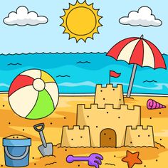 a beach scene with sand castle, umbrella and starfish