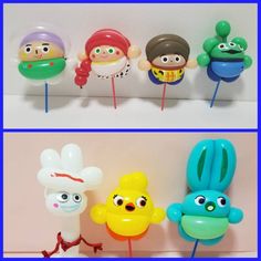 there are many different toy items on the stick together, and one has an egg in it