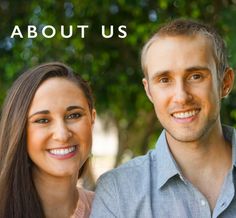 a man and woman smiling at the camera with text about us on top of them