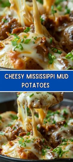 cheesy mississippi mud potatoes with cheese being lifted from the skillet by a spatula