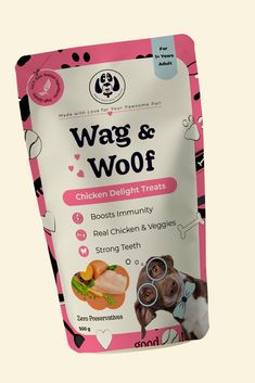 A vibrant dog food bag from Wag And Woof featuring distinct colors and playful dog sketches Dog Food Packaging Design, Dog Food Packaging, Pet Closet, Dog Treat Packaging, Pet Branding, Dog Logo Design, Dog Illustrations, Dog Business, Food Pack