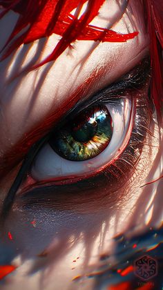 an eye with red hair and blue eyes