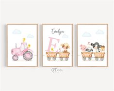 three children's wall art prints featuring farm animals on a pink tractor and the letter f