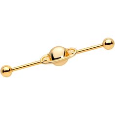 a gold plated metal bar with two balls attached to the end, and one ball on