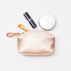 Petite Rose Gold Leather Clutch | Mini Metallic Leather Makeup Bag | Small Cosmetics Pouch | Small Handbag Organizer | Bridesmaid Gift Portable Clutch Wallets For Gifts, Elegant Zipper Pouch Coin Purse, Gift Coin Purse With Removable Pouch, Elegant Pouch Coin Purse For Personal Use, Gold Coin Purse With Removable Pouch For Everyday Use, Gold Zipper Coin Purse For Everyday Use, Gold Clutch With Removable Pouch For Gift, Gold Clutch With Removable Pouch As Gift, Rose Gold Clutch Bag As Gift