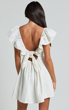 Raiza Mini Dress - Ruffle Sleeve Tie Back Plunge Dress in Off White | Showpo USA Off White Dresses, Dress Backless, Plunge Dress, Backless Design, Ruffle Sleeves, Plunging Neckline, Tie Backs, Summer Party, Tie Back