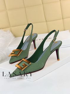 Lasaky - Stylish Metal Letter Decor Slingback Pumps with Stiletto Heels Hak Tinggi, Sandals Luxury, Urban Shoes, Heels Patterns, Luxury Party, Metal Letter, Buckle Shoes, Beige Shoes, Shoe Show