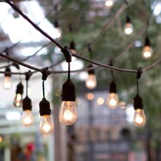 several light bulbs are hanging from a tree in the middle of an open area with many lights on it