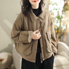 Details: Gender: Women Item Type: Jacket Material: Cotton Pattern Type: Solid Season: Spring, Autumn, Winter Style: Leisure, Daily, Retro Occasion: Going Out, Daily Size: One Size Length: 53.00 - 59.00 cm/ 20.87 - 23.23 " Bust: 130.00 cm/ 51.18 " Sleeve: 70.00 cm/ 27.56 " Fall Windbreaker With Pockets And Long Sleeves, Fall Long Sleeve Windbreaker With Pockets, Long Sleeve Windbreaker With Pockets For Fall, Long Sleeve Windbreaker For Workwear In Winter, Solid Long Sleeve Windbreaker With Pockets, Collared Fall Windbreaker, Casual Winter Utility Jacket With Lapel Collar, Fall Collared Windbreaker, Solid Collared Windbreaker For Fall