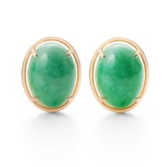 Gump's Signature Apple Green Jade Cabochon Earrings Luxury Green Oval Earrings, Formal Cabochon Chrysoprase Jewelry, Modern Yellow Gold Jade Jewelry, Classic Jade Jewelry, Classic Jade Jewelry With Matching Earrings, Classic Polished Jade Jewelry, Modern Oval Jade Jewelry, Luxury Green Jade Earrings, Elegant Oval Jade Jewelry