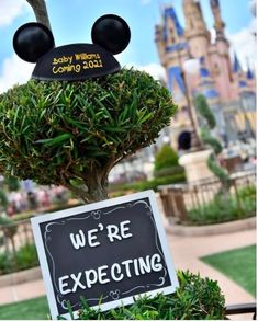 there is a sign that says we're expecting mickey mouse ears in front of the castle