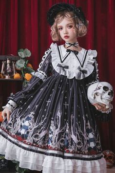 Black Rabbit'S Requiem Round Collar Long Sleeves College Style Gothic – LolitaInside Style Types, Op Dress, Harajuku Girls, Spring Summer Autumn Winter, Style Gothic, Baby The Stars Shine Bright, College Style, Japanese Street Fashion, J Fashion