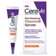 Developed with dermatologists, this unique formula - with 3 essential ceramides & 10% pure vitamin C - visibly brightens while helping to restore the protective skin barrier. Potent antioxidant L-Ascorbic acid (the purest form of vitamin C) helps to even skin tone and continuously brighten while helping to defend against free radicals, providing antioxidant benefits. CeraVe Skin Renewing Face Serum with Vitamin C and Hyaluronic Acids gentle, lightweight formula helps restore the protective s Cerave Vitamin C Serum, Best Vitamin C Serum, Vitamin C Cream, Vitamin C Face Serum, Best Vitamin C, Serum For Face, Hydrating Serum, Skin Cleanser Products, Vitamin C Serum