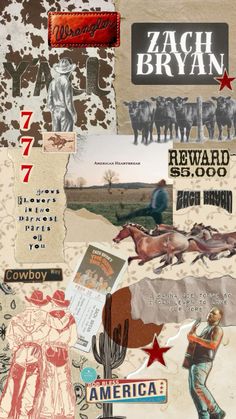 collage of various images with the words zach bryan on them and an image of a cowboy riding a horse