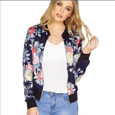 **Brand New With Tags** This Has Never Been Worn. It's A Size Medium But I'd Say It Seems More Like A Size Small. The Material Is Polyester And Cotton. Offers Welcome! No Trades Please Let Me Know If You Have Any Questions Floral Print Jacket, Jacket Ideas, Souvenir Jacket, Floral Jacket, Stylish Jackets, All Black Outfit, Bomber Jackets, Print Jacket, Casual Coat