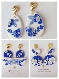 three different pictures of blue and white earrings