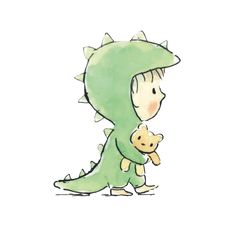 a drawing of a boy in a dinosaur costume holding a teddy bear