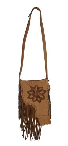 #41213 Late 20th century Native American style shoulder bag / purse / satchel. Made of Southwestern style, woven tapestry textile, overlaid with assymetrically cut, light brown leather embellished with decorative stitching, fringe, and flower applique.  CONDITION Good Overall - Gentle wear DIMENSIONS 9" x 1" x 11.5" / Strap Length - 46" (WIdth x Depth x Height) Traditional Brown Hobo Bag With Adjustable Strap, Brown Artisan Bags With Fringe, Artisan Brown Bags With Fringe, Artisan Brown Bag With Fringe, Artisan Brown Fringe Bag, Artisan Brown Satchel For Festival, Traditional Brown Fringe Bag, Bohemian Hand-tooled Saddle Bag For Travel, Bohemian Hand Tooled Saddle Shoulder Bag